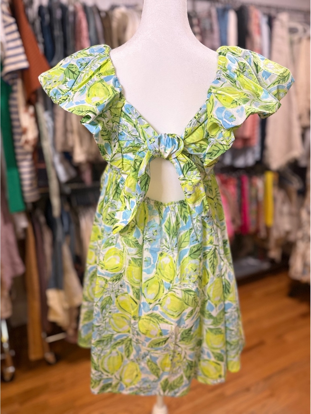 MEET ME IN SANTORINI Lemon Print Ruffle Open Back Mini Dress NWOT Small - Picture 3 of 5